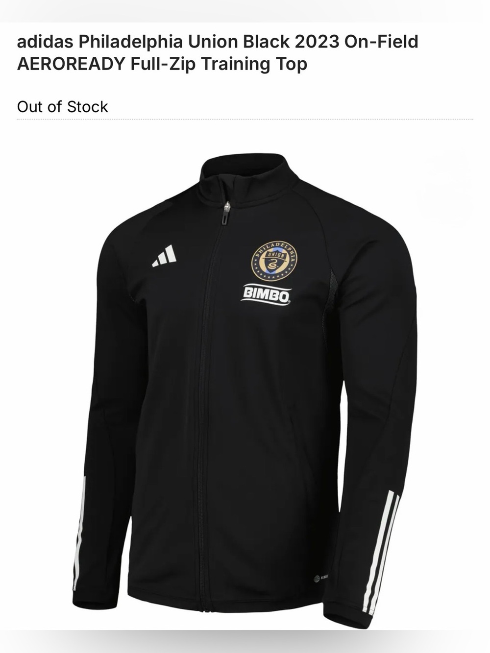 NWT adidas Men's Philadelphia Union 2023 On-Field AEROREADY Full-Zip Train sz L